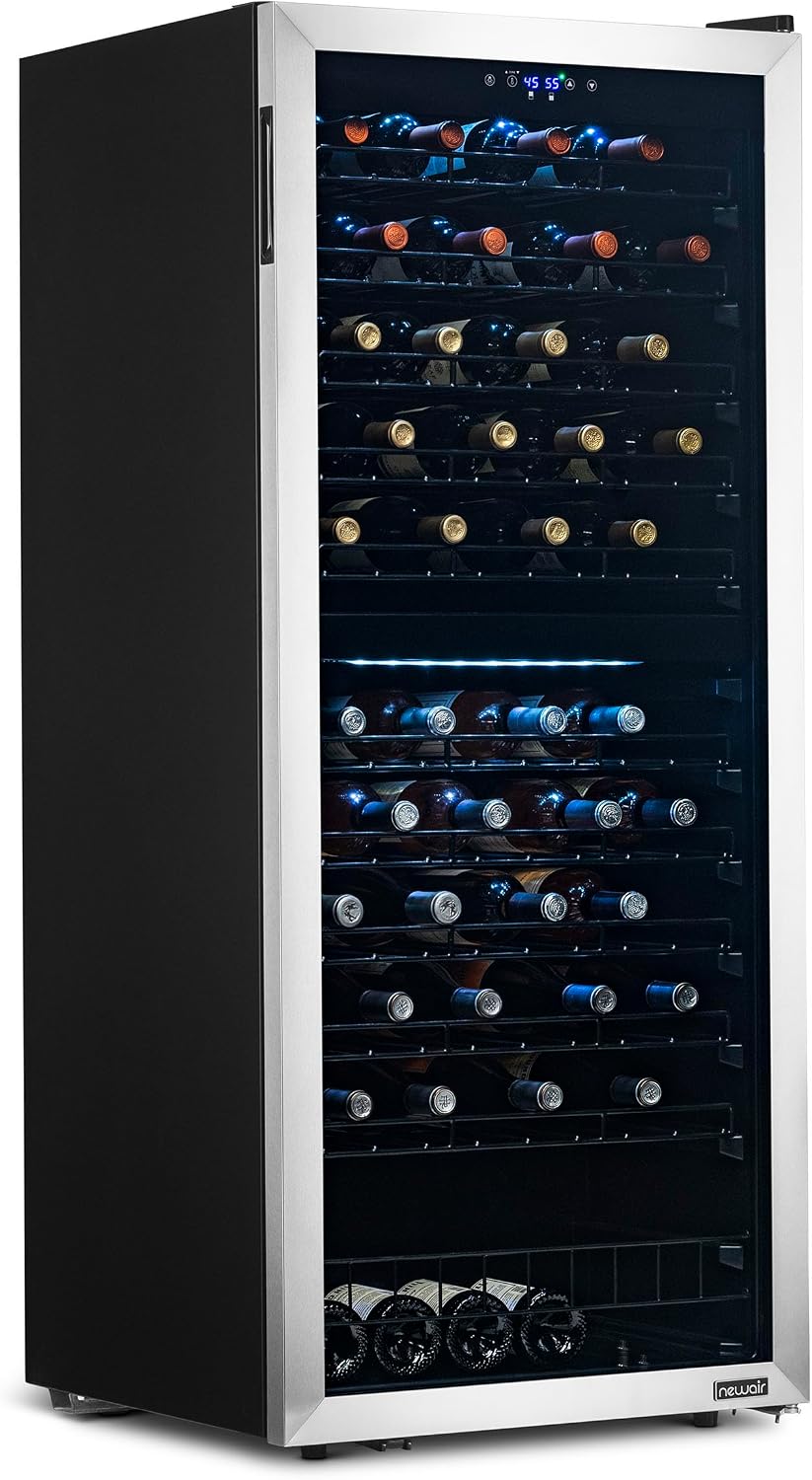 NewAir AWR-1600DB 160-bottle wine refrigerator exterior with stainless steel frame, glass door, beechwood shelves, and soft-gold LED lighting