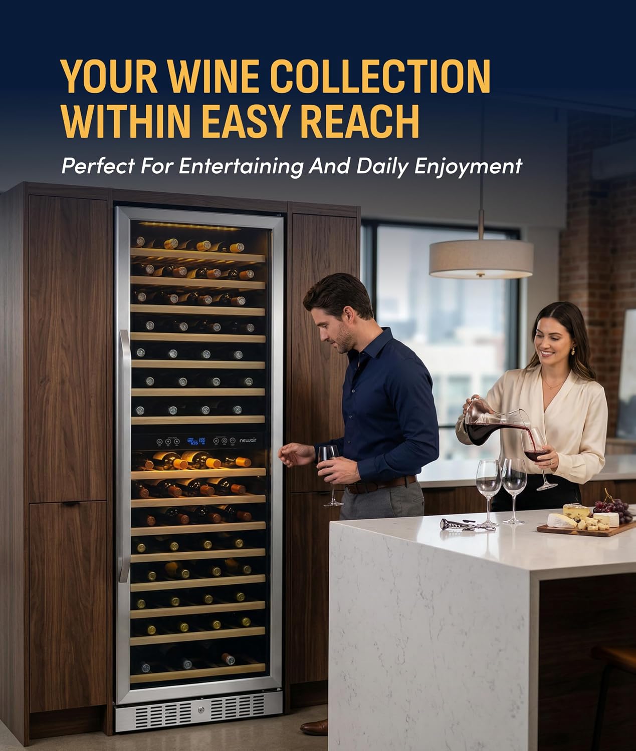 NewAir dual-zone wine refrigerator built into kitchen cabinetry beside a couple pouring wine