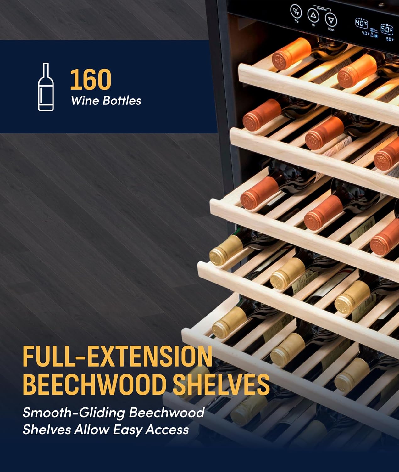 NewAir AWR-1600DB interior showing full-extension beechwood shelves pulled out with wine bottles stored inside
